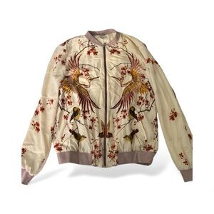 Zara Cream and Pink Embroidered Bomber Jacket